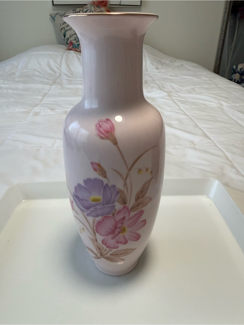 Vintage made in Japan handmade painted  floral porcelain vase pink, w/gold trim